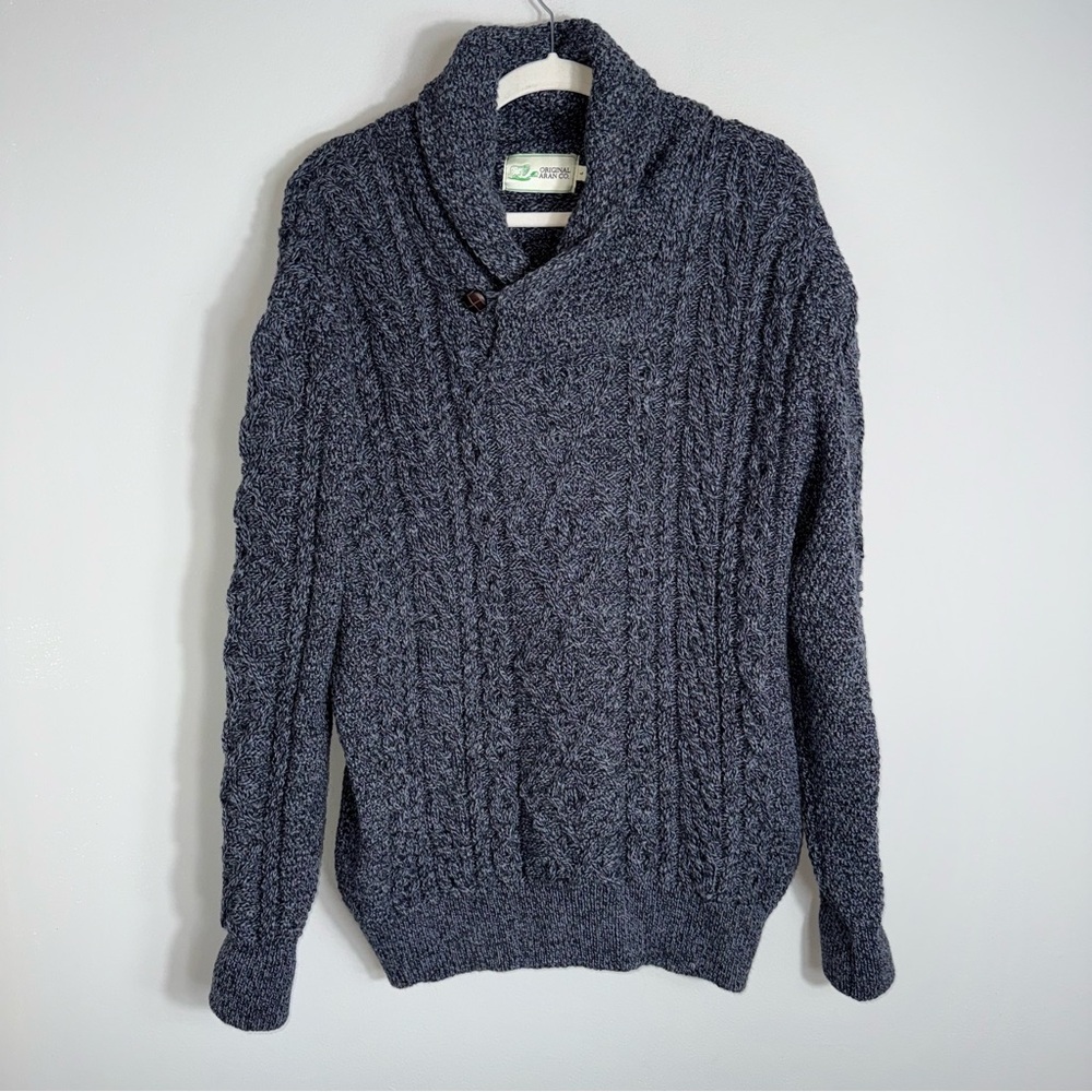 Original Aran Company 100% New Merino Wool Fisherman Sweater-Gray Blue-Large - Picture 2 of 9